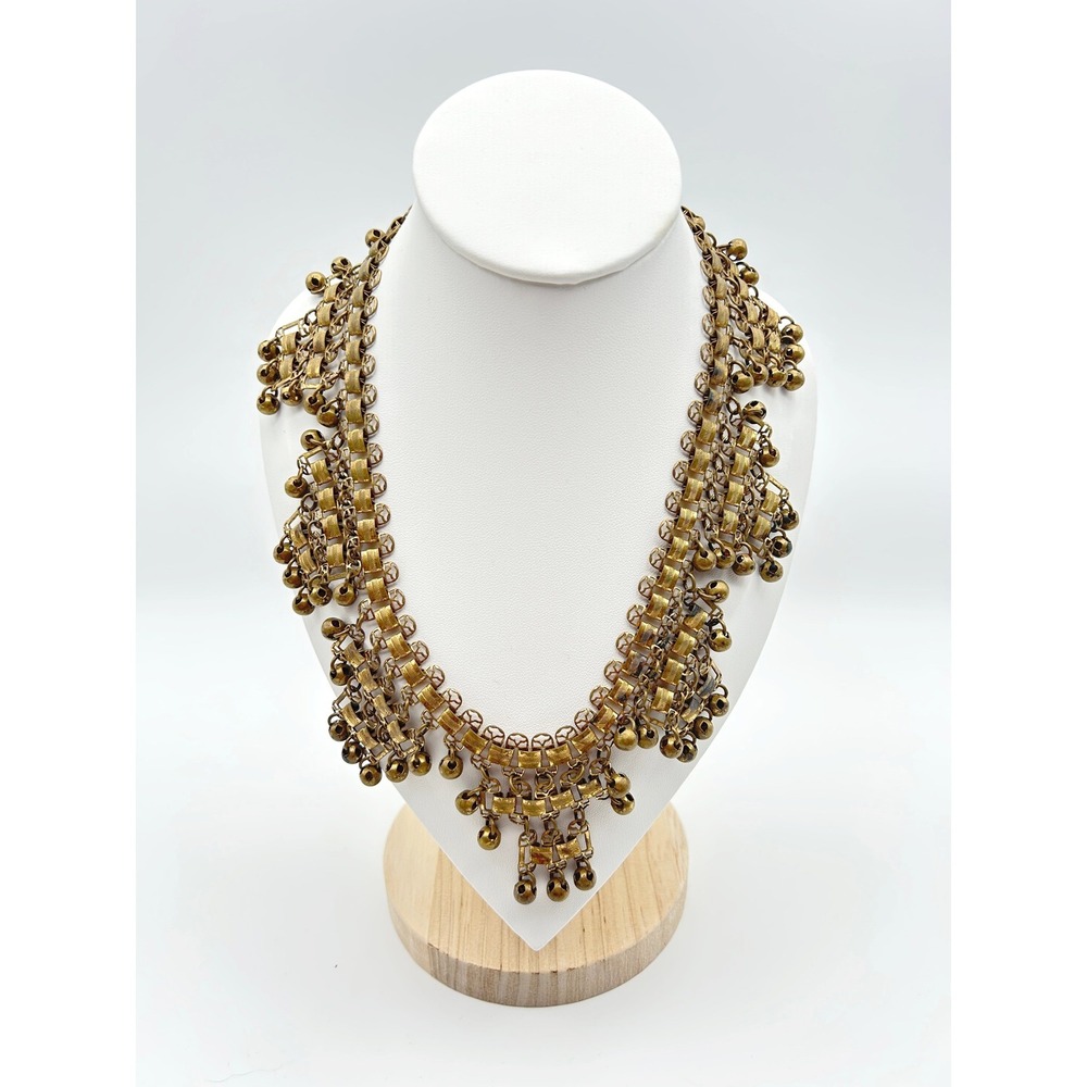 Vintage Brass Fringe Bib Necklace Mid Century Egyptian Revival Statement Choker